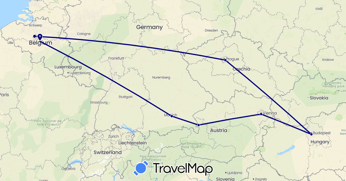 TravelMap itinerary: driving in Austria, Belgium, Czech Republic, Germany, Hungary (Europe)